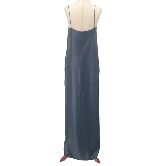 L'AGENCE Trapeze Slip Maxi Ruffle SM Metallic Blue Pockets Formal Evening‎